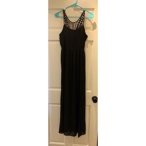 Full length black dress.